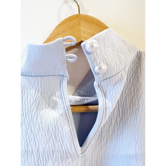 Vintage High Neck Light Blue Key Hole Button Back Boxy Short Sleeve Top Large - Picture 4 of 8